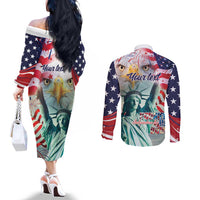 Personalized 4th of July USA Statue of Liberty Couples Matching Off The Shoulder Long Sleeve Dress and Long Sleeve Button Shirt Happy Independence Day