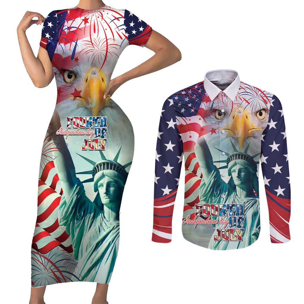 Personalized 4th of July USA Statue of Liberty Couples Matching Short Sleeve Bodycon Dress and Long Sleeve Button Shirt Happy Independence Day LT9 - Wonder Print Shop