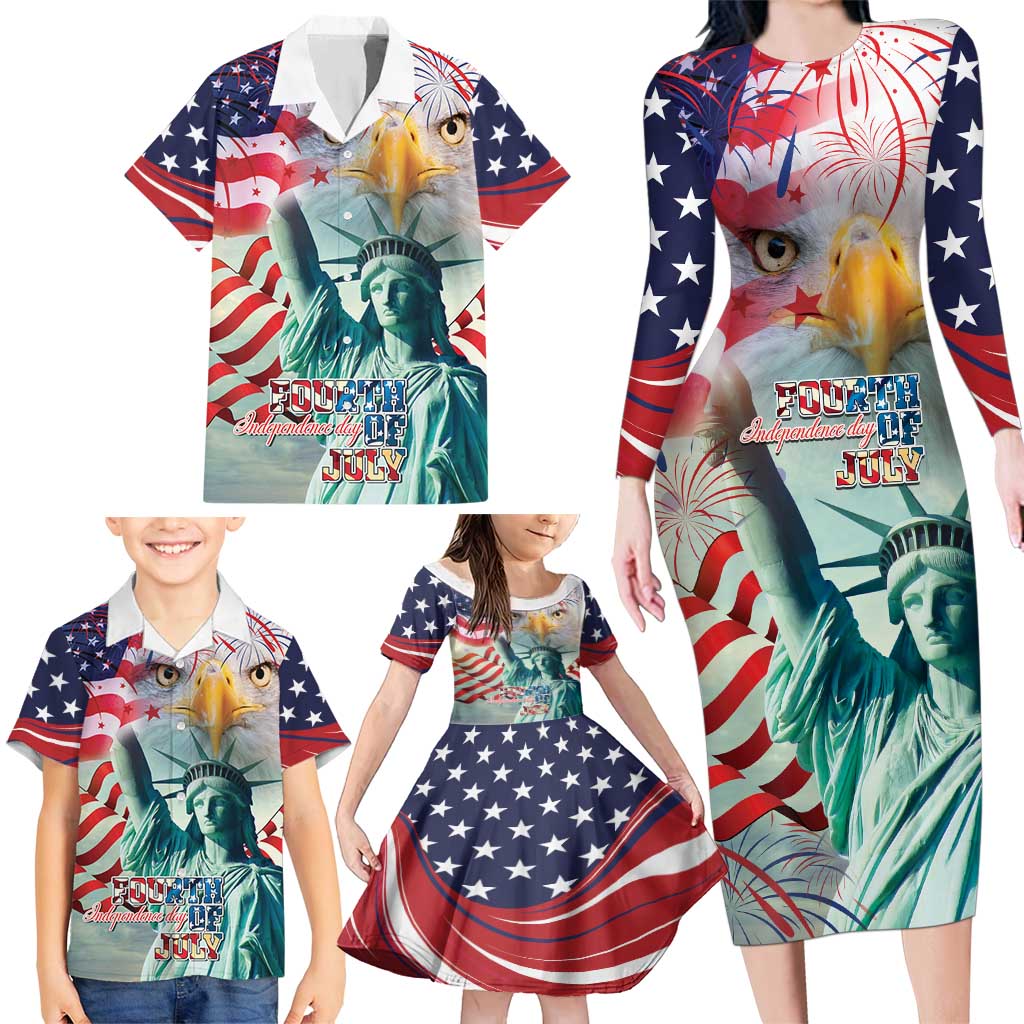 Personalized 4th of July USA Statue of Liberty Family Matching Long Sleeve Bodycon Dress and Hawaiian Shirt Happy Independence Day LT9 - Wonder Print Shop