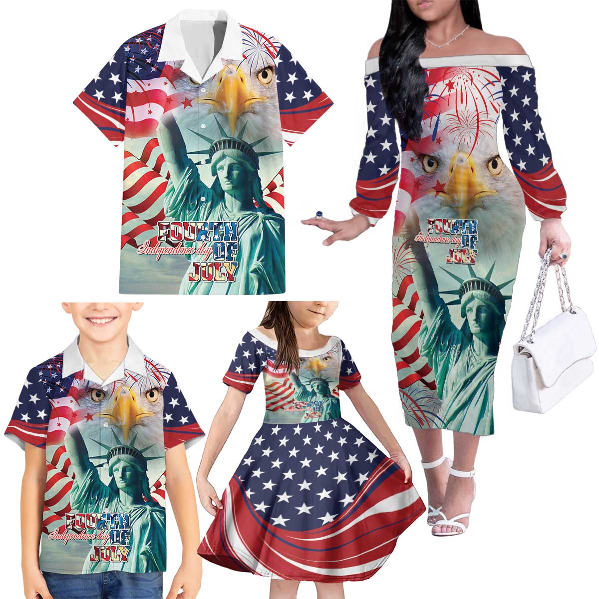 Personalized 4th of July USA Statue of Liberty Family Matching Off The Shoulder Long Sleeve Dress and Hawaiian Shirt Happy Independence Day - Wonder Print Shop