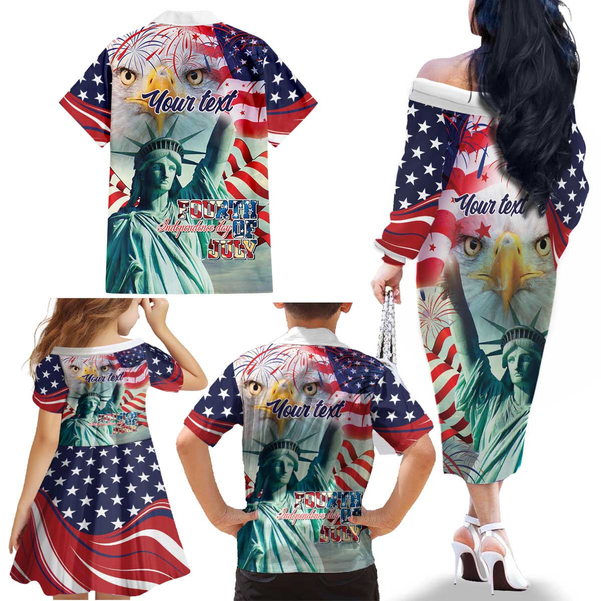 Personalized 4th of July USA Statue of Liberty Family Matching Off The Shoulder Long Sleeve Dress and Hawaiian Shirt Happy Independence Day - Wonder Print Shop