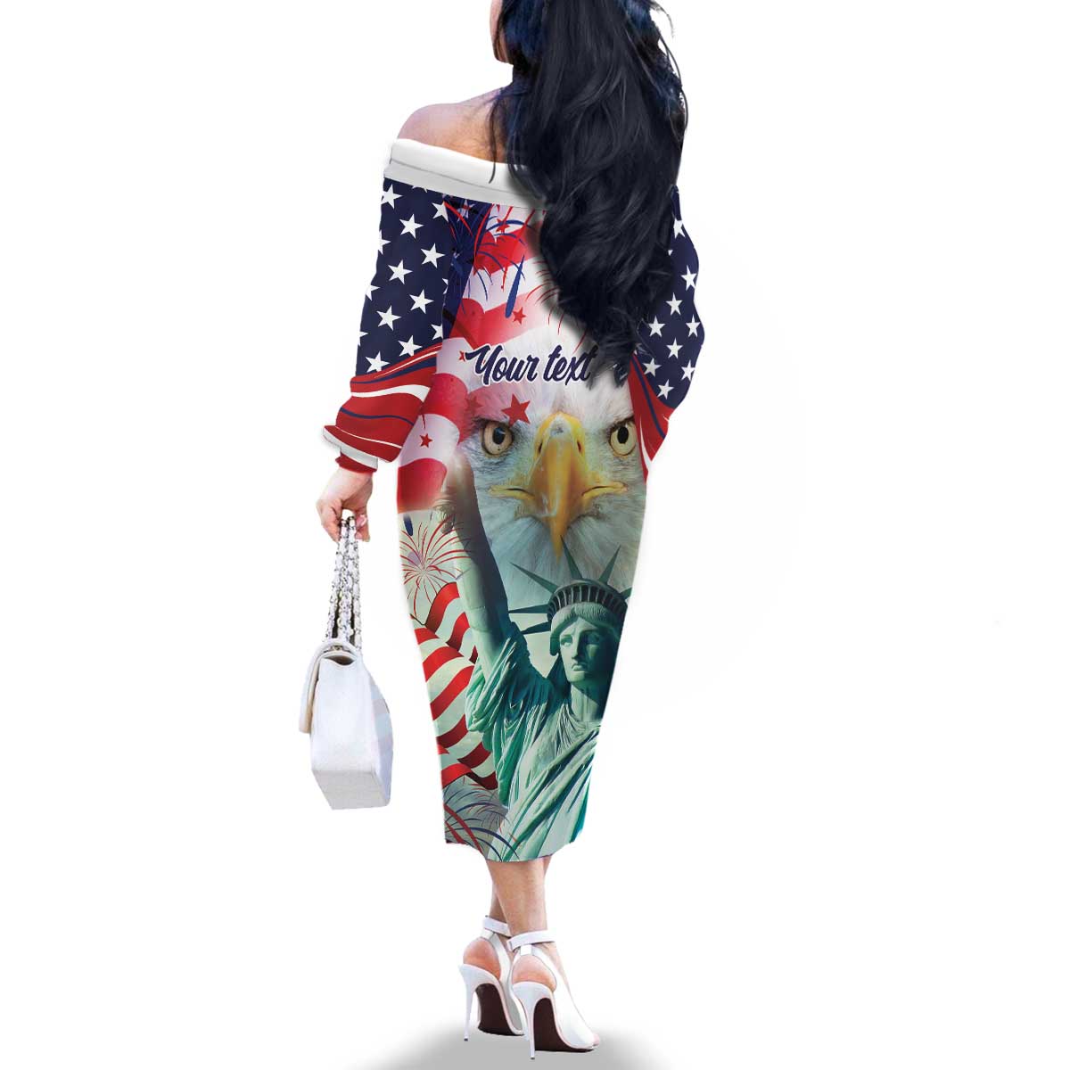 Personalized 4th of July USA Statue of Liberty Family Matching Off The Shoulder Long Sleeve Dress and Hawaiian Shirt Happy Independence Day - Wonder Print Shop