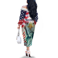 Personalized 4th of July USA Statue of Liberty Family Matching Off The Shoulder Long Sleeve Dress and Hawaiian Shirt Happy Independence Day - Wonder Print Shop