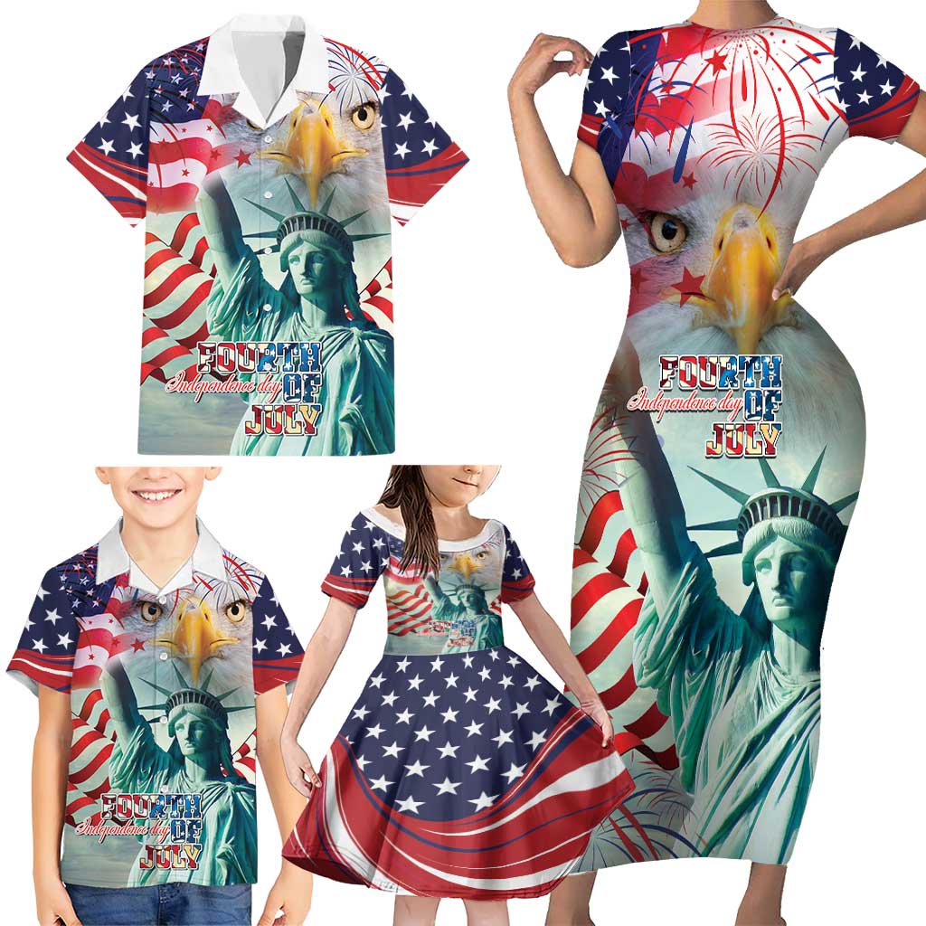 Personalized 4th of July USA Statue of Liberty Family Matching Short Sleeve Bodycon Dress and Hawaiian Shirt Happy Independence Day - Wonder Print Shop