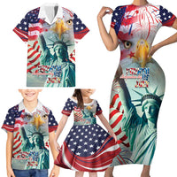 Personalized 4th of July USA Statue of Liberty Family Matching Short Sleeve Bodycon Dress and Hawaiian Shirt Happy Independence Day - Wonder Print Shop