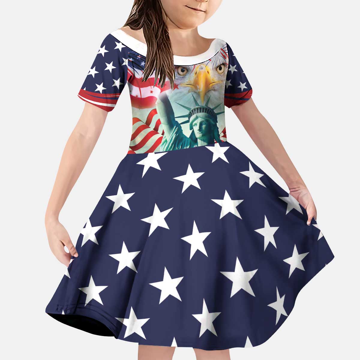 Personalized 4th of July USA Statue of Liberty Kid Short Sleeve Dress Happy Independence Day - Wonder Print Shop