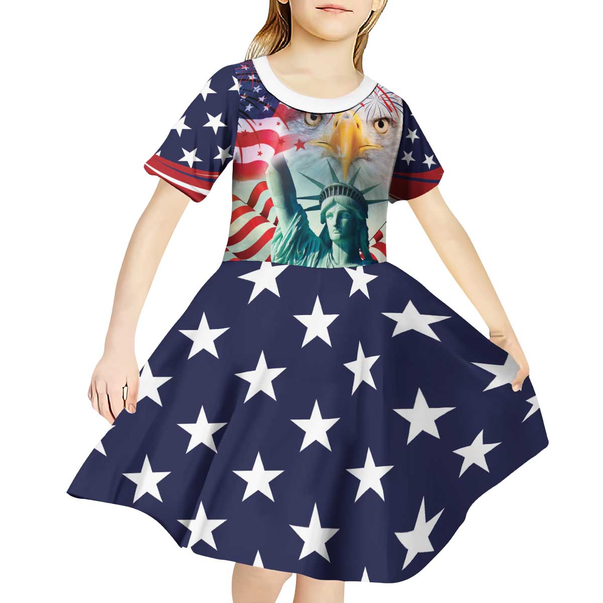 Personalized 4th of July USA Statue of Liberty Kid Short Sleeve Dress Happy Independence Day - Wonder Print Shop