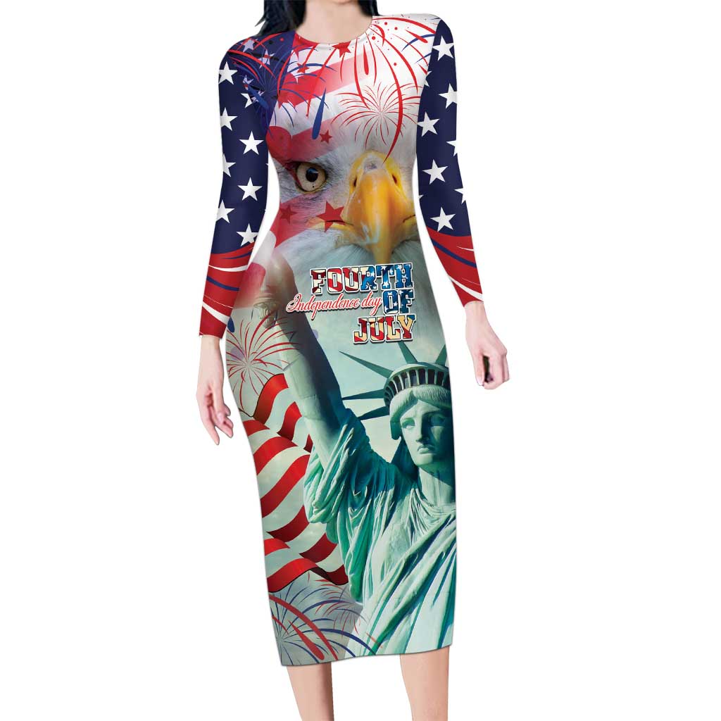 Personalized 4th of July USA Statue of Liberty Long Sleeve Bodycon Dress Happy Independence Day - Wonder Print Shop