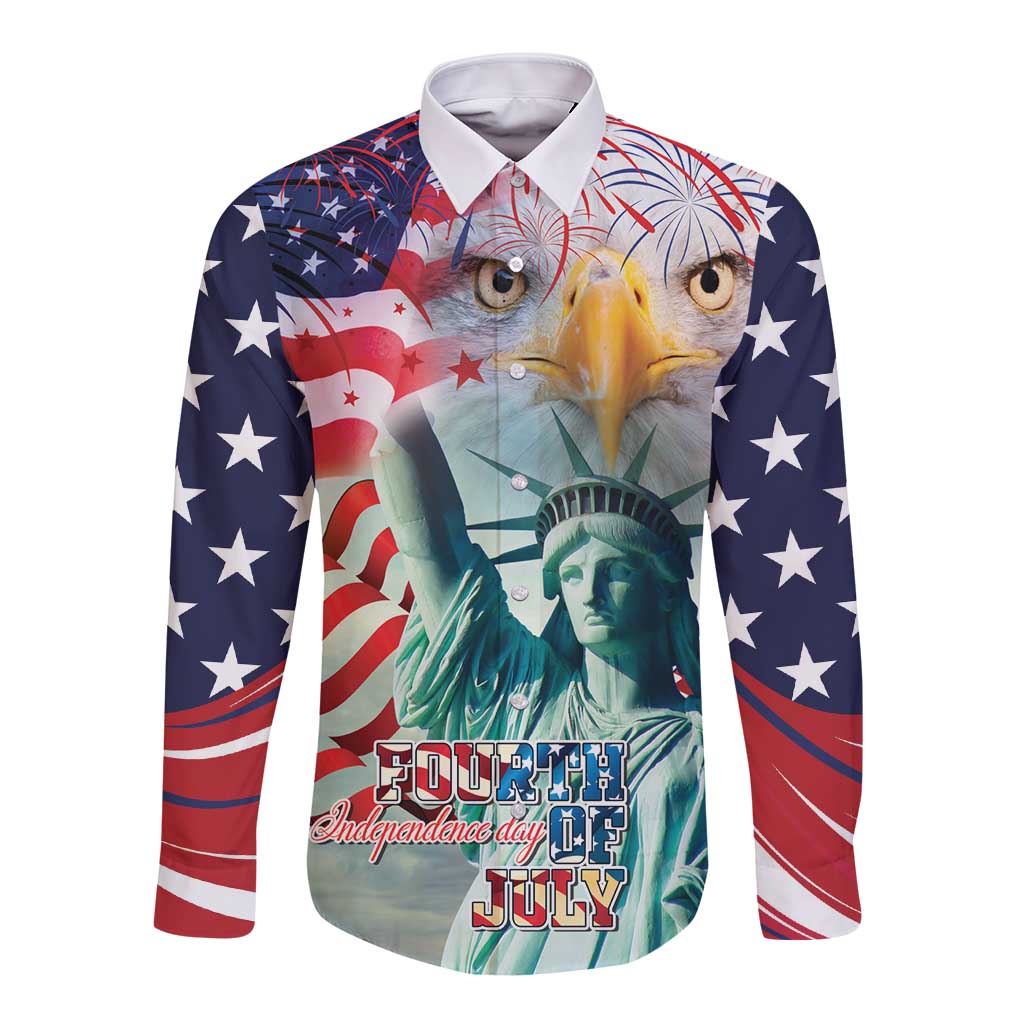 Personalized 4th of July USA Statue of Liberty Long Sleeve Button Shirt Happy Independence Day - Wonder Print Shop