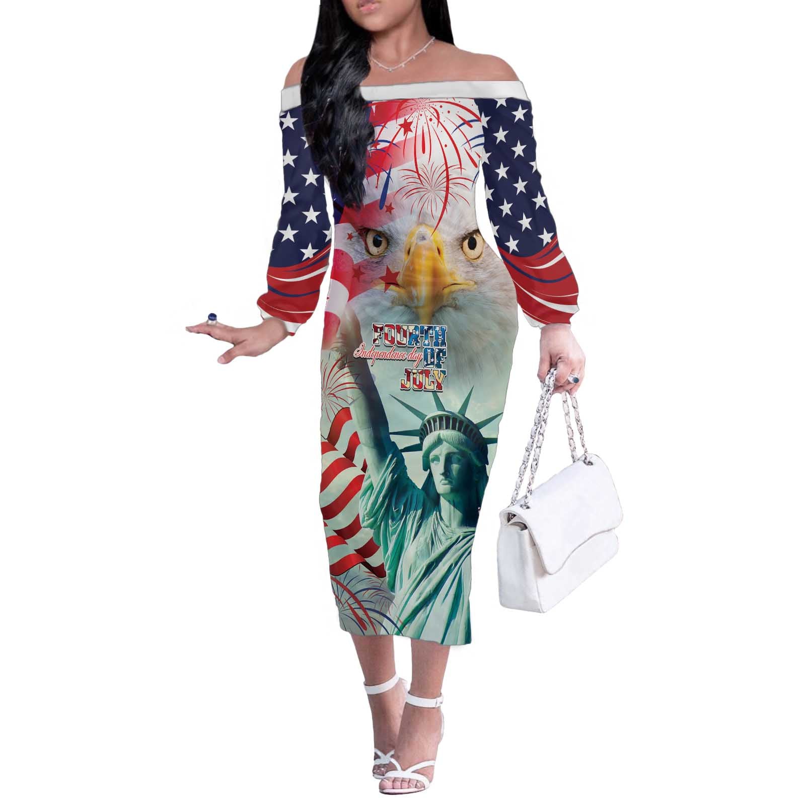 Personalized 4th of July USA Statue of Liberty Off The Shoulder Long Sleeve Dress Happy Independence Day - Wonder Print Shop