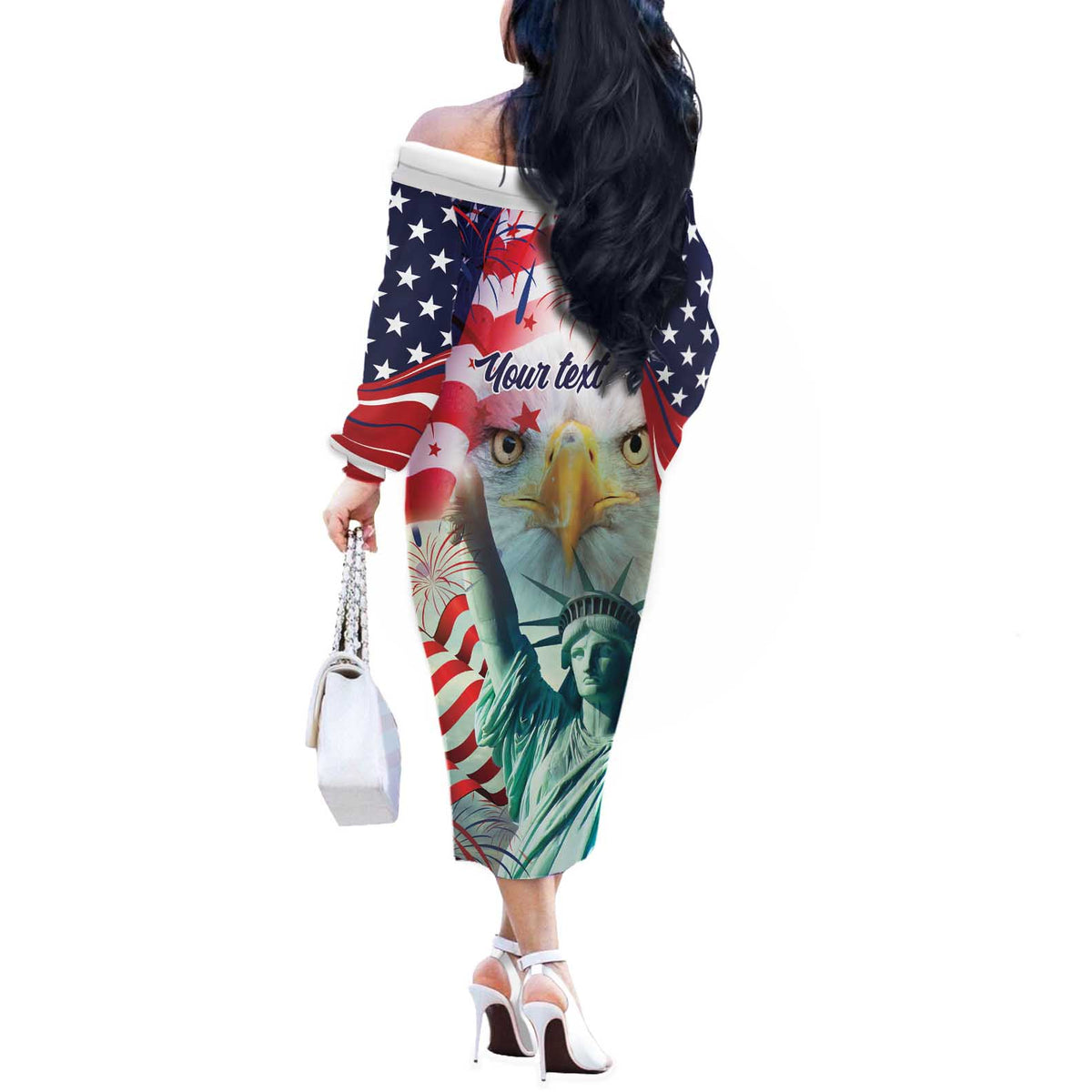 Personalized 4th of July USA Statue of Liberty Off The Shoulder Long Sleeve Dress Happy Independence Day - Wonder Print Shop