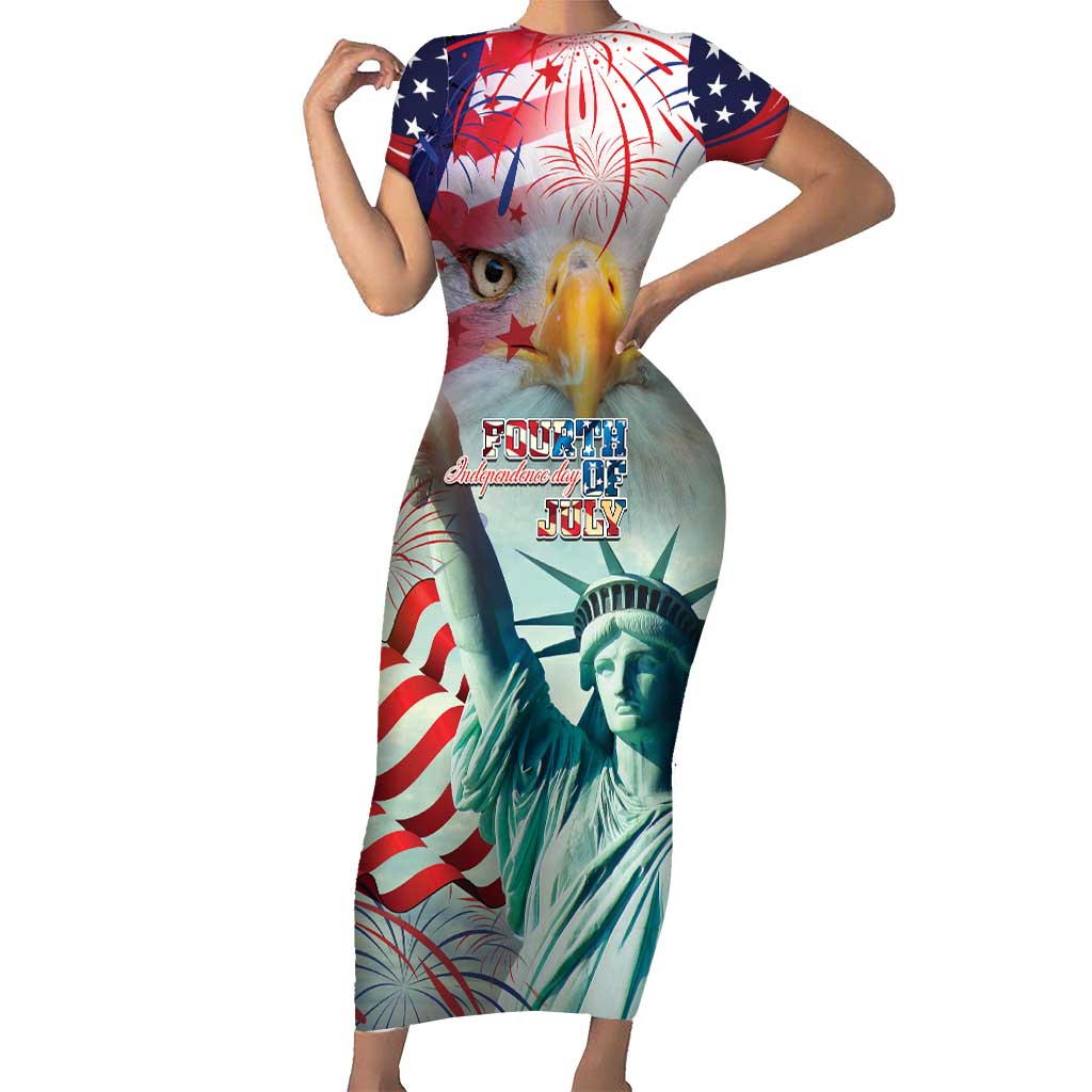 Personalized 4th of July USA Statue of Liberty Short Sleeve Bodycon Dress Happy Independence Day - Wonder Print Shop