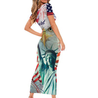 Personalized 4th of July USA Statue of Liberty Short Sleeve Bodycon Dress Happy Independence Day - Wonder Print Shop