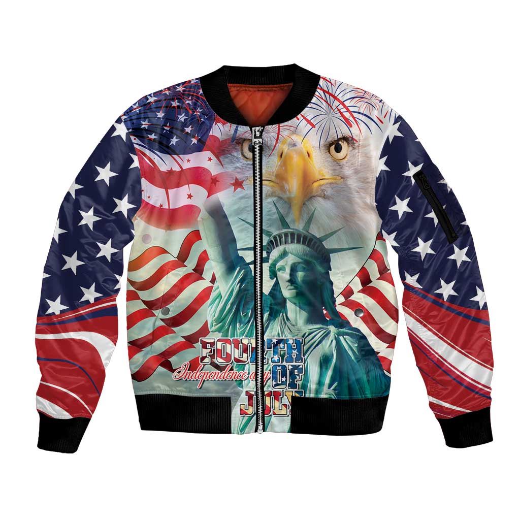 Personalized 4th of July USA Statue of Liberty Sleeve Zip Bomber Jacket Happy Independence Day - Wonder Print Shop