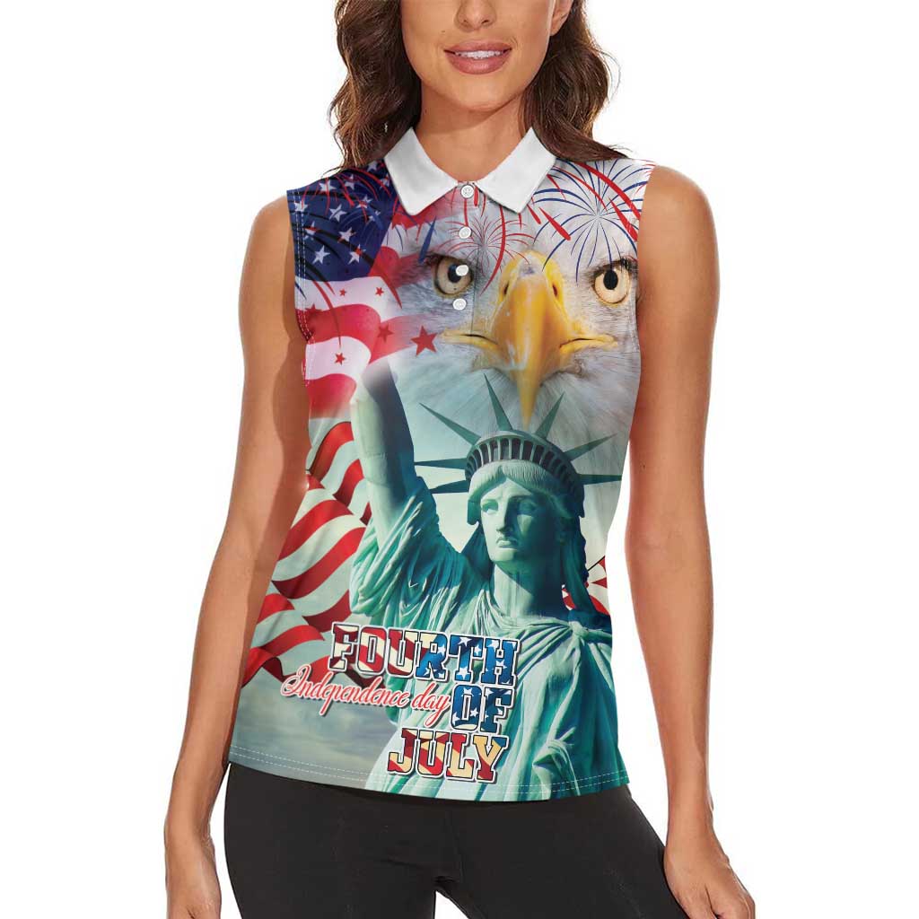 Personalized 4th of July USA Statue of Liberty Women Sleeveless Polo Shirt Happy Independence Day - Wonder Print Shop