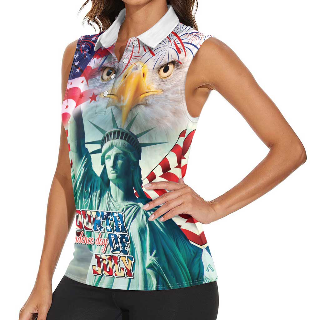 Personalized 4th of July USA Statue of Liberty Women Sleeveless Polo Shirt Happy Independence Day - Wonder Print Shop