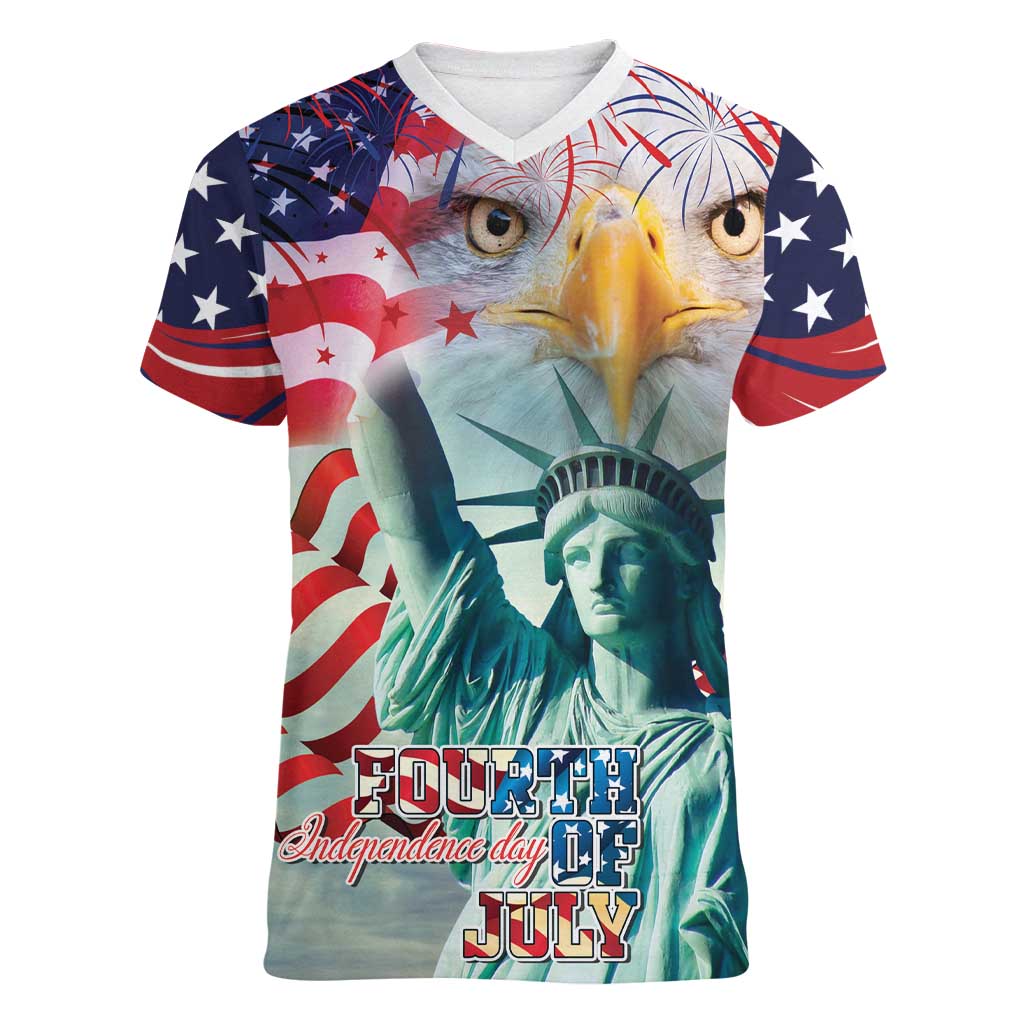 Personalized 4th of July USA Statue of Liberty Women V-Neck T-Shirt Happy Independence Day - Wonder Print Shop