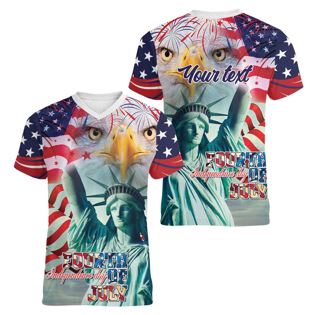 Personalized 4th of July USA Statue of Liberty Women V-Neck T-Shirt Happy Independence Day - Wonder Print Shop