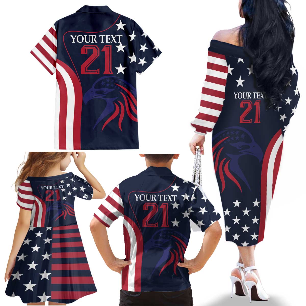 Custom USA Rugby Family Matching Off The Shoulder Long Sleeve Dress and Hawaiian Shirt The Eagles Summer Paris 2024 - Wonder Print Shop