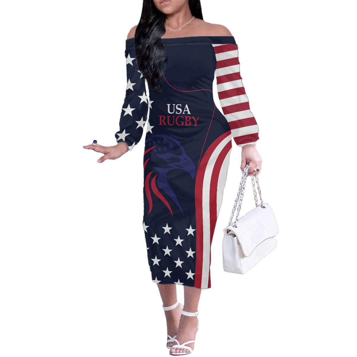 Custom USA Rugby Family Matching Off The Shoulder Long Sleeve Dress and Hawaiian Shirt The Eagles Summer Paris 2024 - Wonder Print Shop