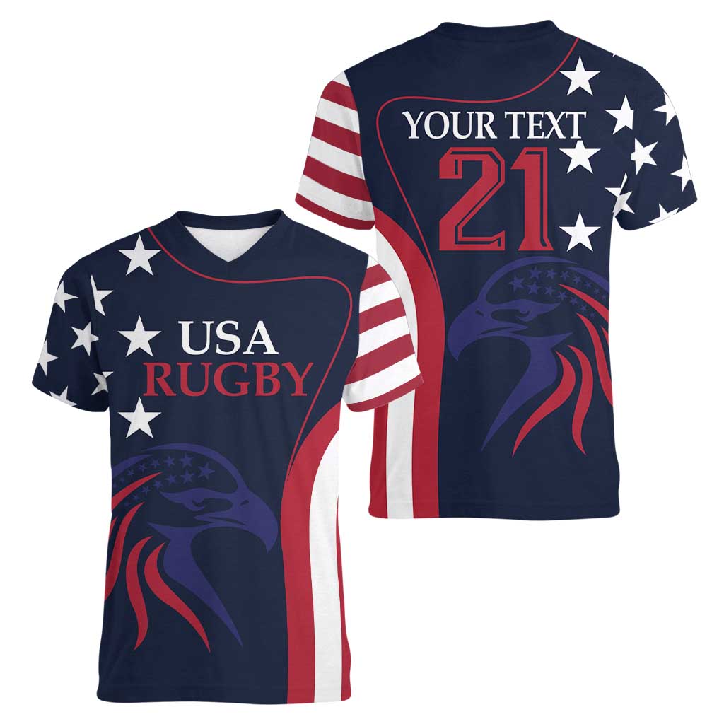 Custom USA Rugby Women V-Neck T-Shirt The Eagles Summer Paris 2024 - Wonder Print Shop