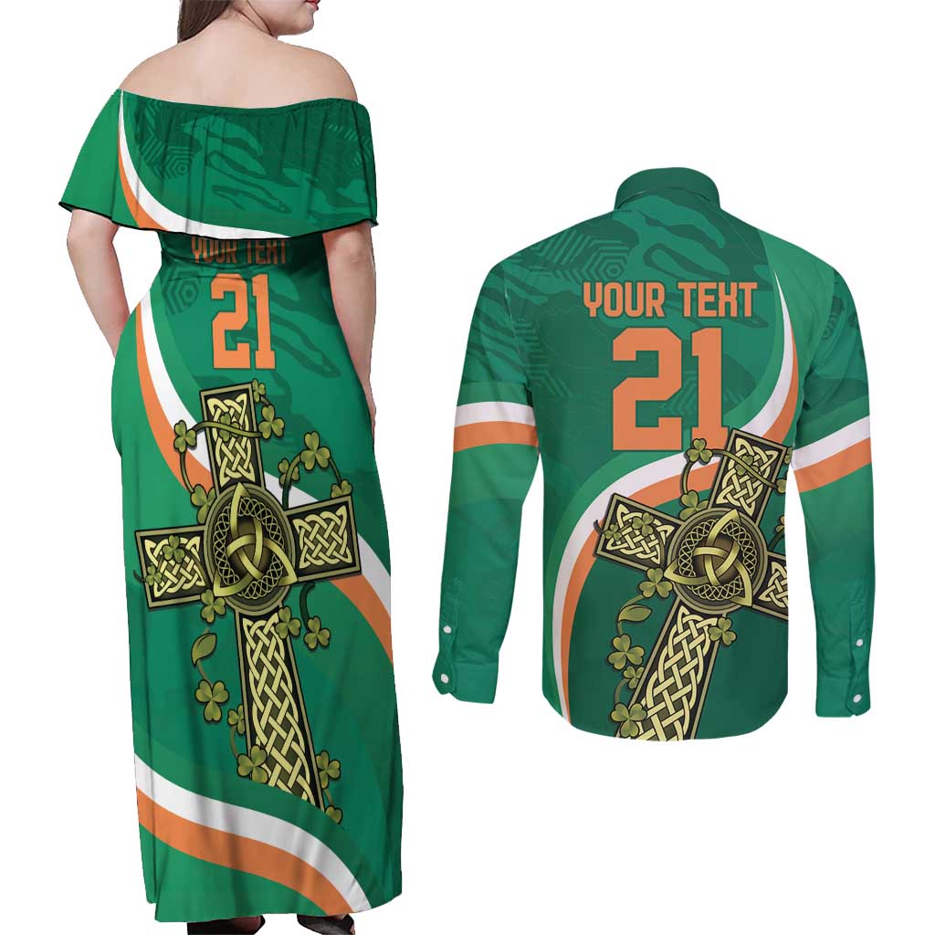 Custom Ireland Rugby Couples Matching Off Shoulder Maxi Dress and Long Sleeve Button Shirt Green Celtic Knot Summer Paris 2024 LT9 - Wonder Print Shop