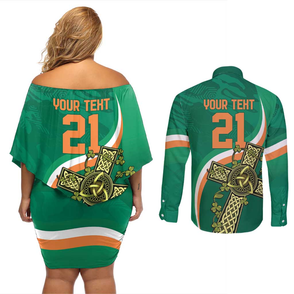 Custom Ireland Rugby Couples Matching Off Shoulder Short Dress and Long Sleeve Button Shirt Green Celtic Knot Summer Paris 2024 LT9 - Wonder Print Shop