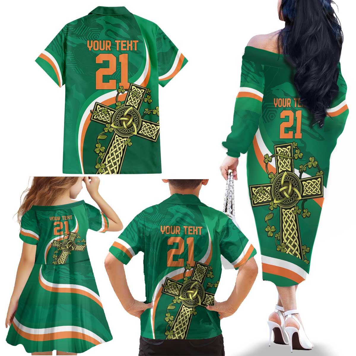 Custom Ireland Rugby Family Matching Off The Shoulder Long Sleeve Dress and Hawaiian Shirt Green Celtic Knot Summer Paris 2024 - Wonder Print Shop