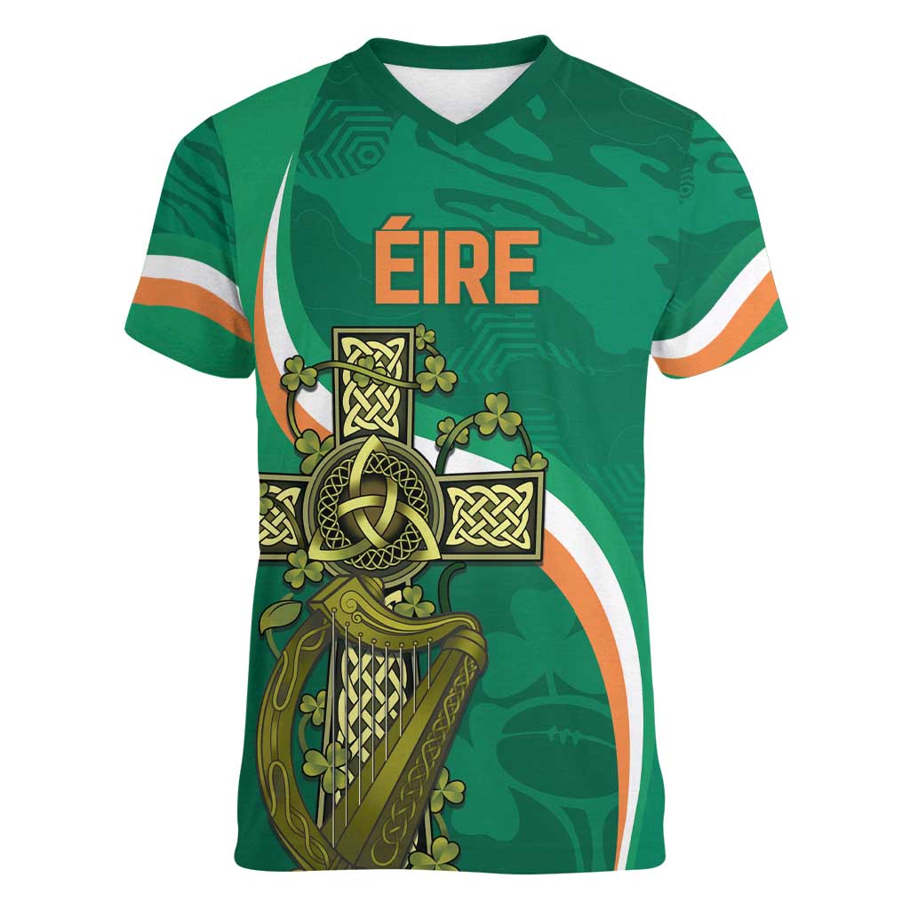 Custom Ireland Rugby Women V-Neck T-Shirt Green Celtic Knot Summer Paris 2024 - Wonder Print Shop