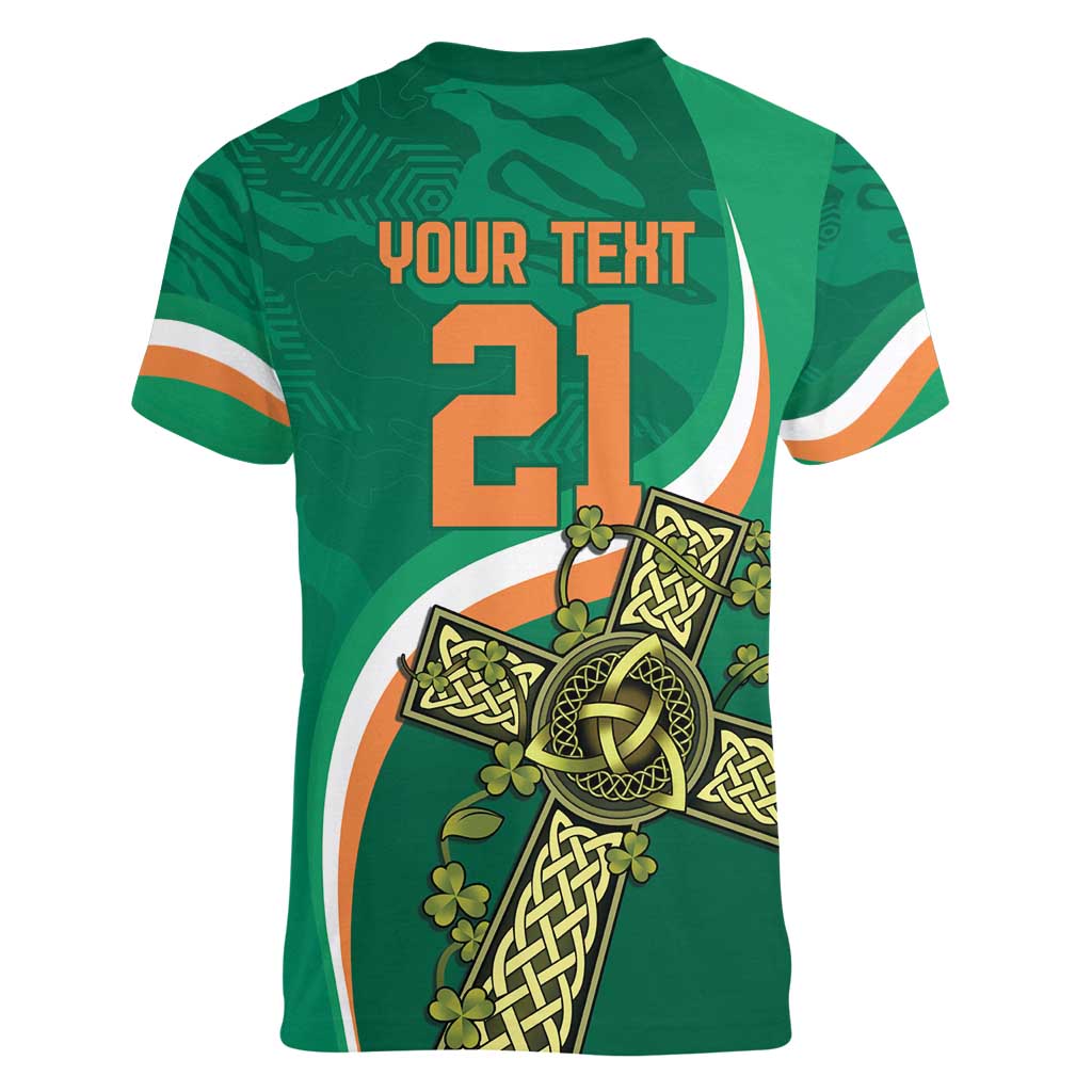 Custom Ireland Rugby Women V-Neck T-Shirt Green Celtic Knot Summer Paris 2024 - Wonder Print Shop