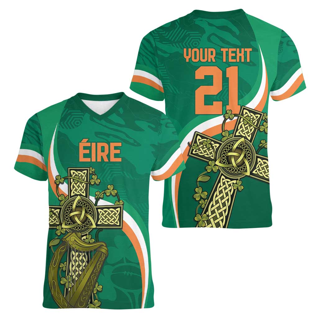 Custom Ireland Rugby Women V-Neck T-Shirt Green Celtic Knot Summer Paris 2024 - Wonder Print Shop