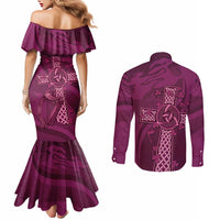 Ireland Rugby Couples Matching Mermaid Dress and Long Sleeve Button Shirt Maroon Celtic Knot Summer Paris 2024