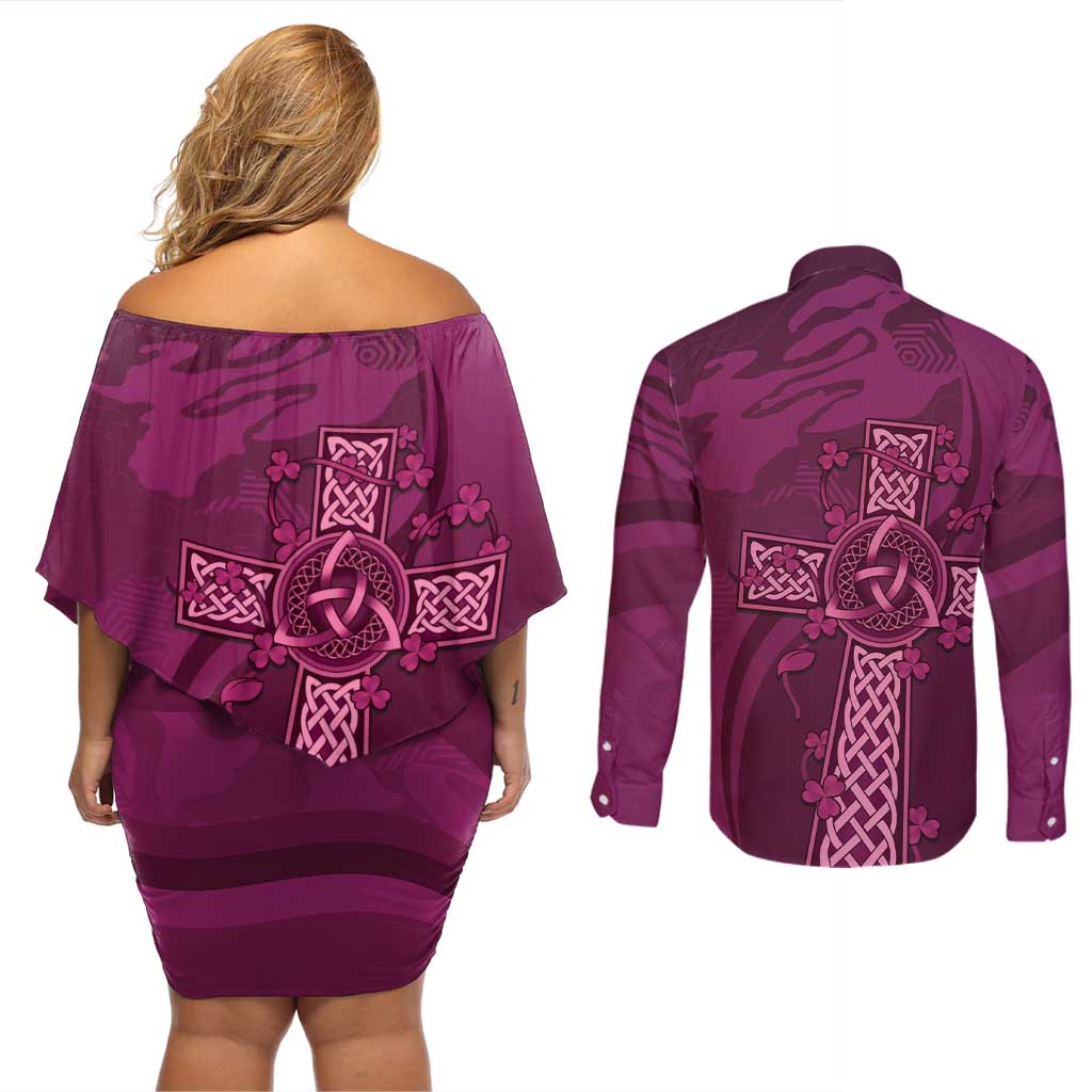 Ireland Rugby Couples Matching Off Shoulder Short Dress and Long Sleeve Button Shirt Maroon Celtic Knot Summer Paris 2024 LT9 - Wonder Print Shop