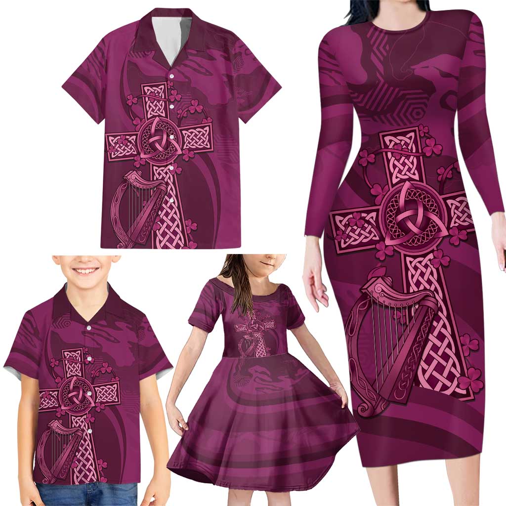 Ireland Rugby Family Matching Long Sleeve Bodycon Dress and Hawaiian Shirt Maroon Celtic Knot Summer Paris 2024 LT9 - Wonder Print Shop