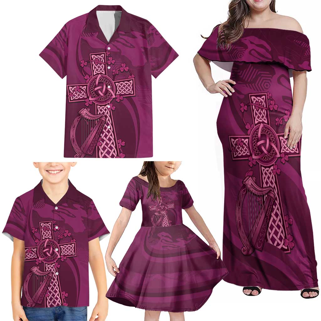 Ireland Rugby Family Matching Off Shoulder Maxi Dress and Hawaiian Shirt Maroon Celtic Knot Summer Paris 2024 LT9 - Wonder Print Shop
