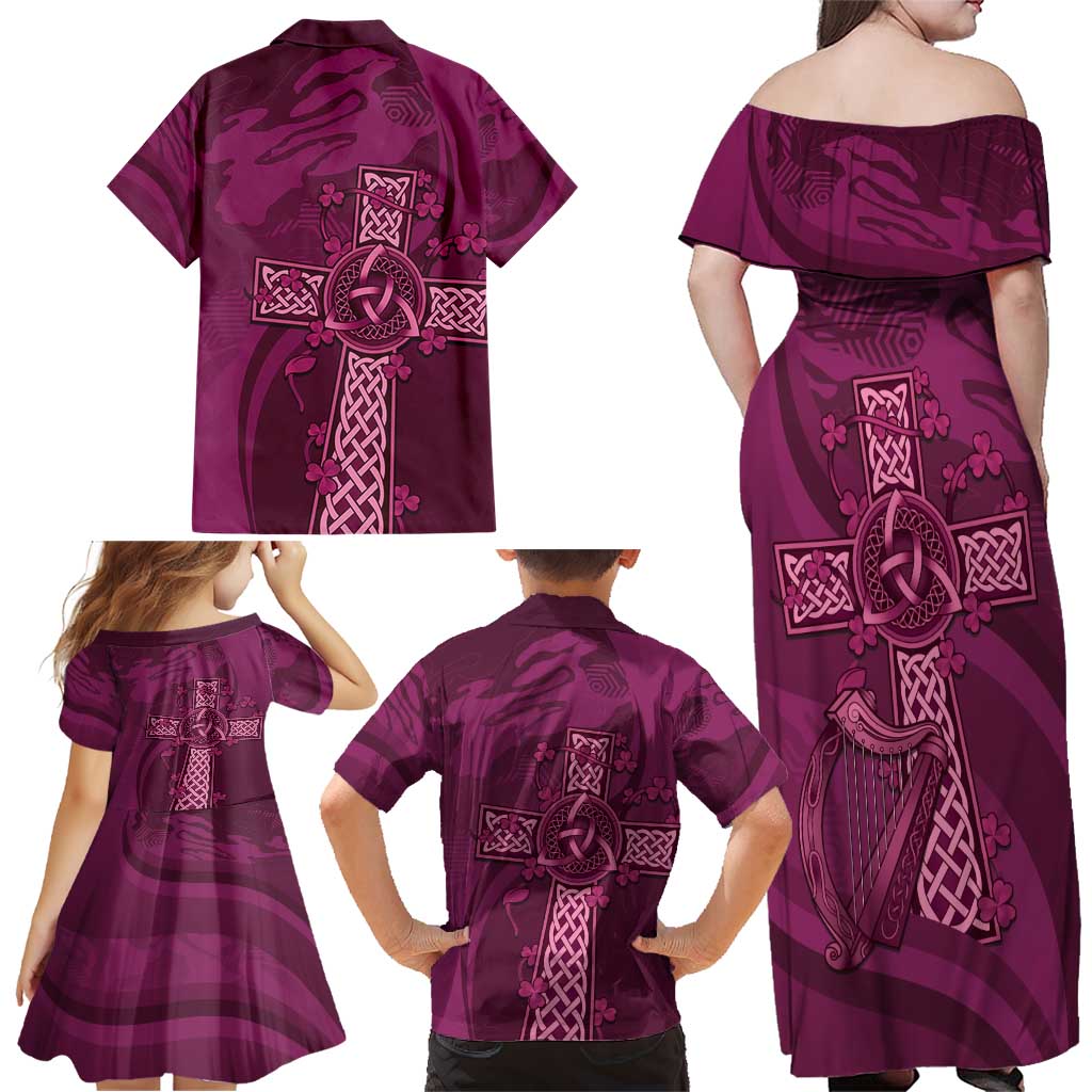 Ireland Rugby Family Matching Off Shoulder Maxi Dress and Hawaiian Shirt Maroon Celtic Knot Summer Paris 2024 LT9 - Wonder Print Shop