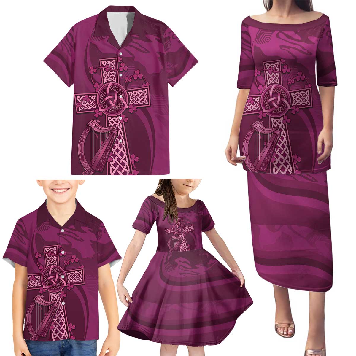 Ireland Rugby Family Matching Puletasi and Hawaiian Shirt Maroon Celtic Knot Summer Paris 2024 - Wonder Print Shop