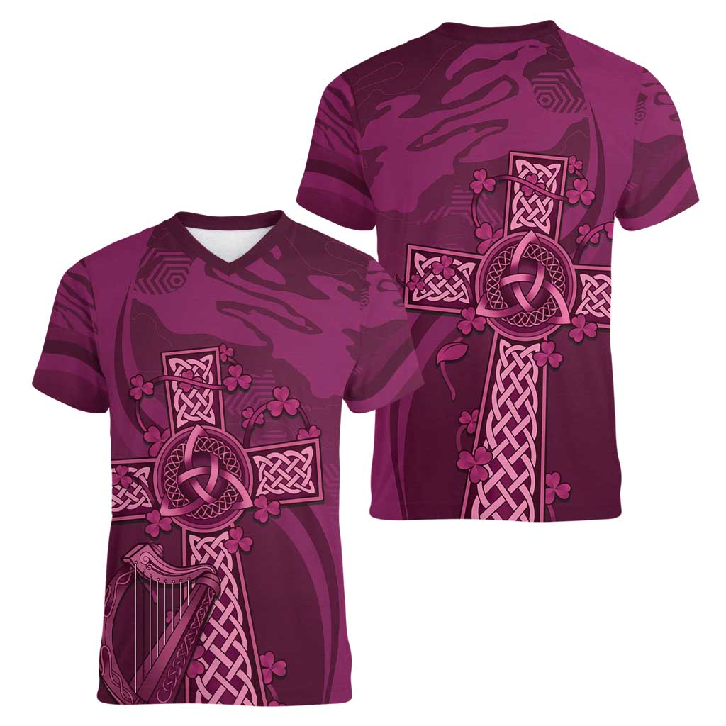 Ireland Rugby Women V-Neck T-Shirt Maroon Celtic Knot Summer Paris 2024 - Wonder Print Shop