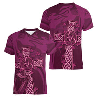 Ireland Rugby Women V-Neck T-Shirt Maroon Celtic Knot Summer Paris 2024 - Wonder Print Shop