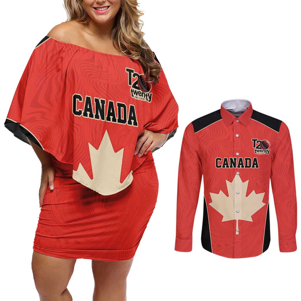 Canada Cricket Custom Couples Matching Off Shoulder Short Dress and Long Sleeve Button Shirt Classic Maple Leaf - Wonder Print Shop