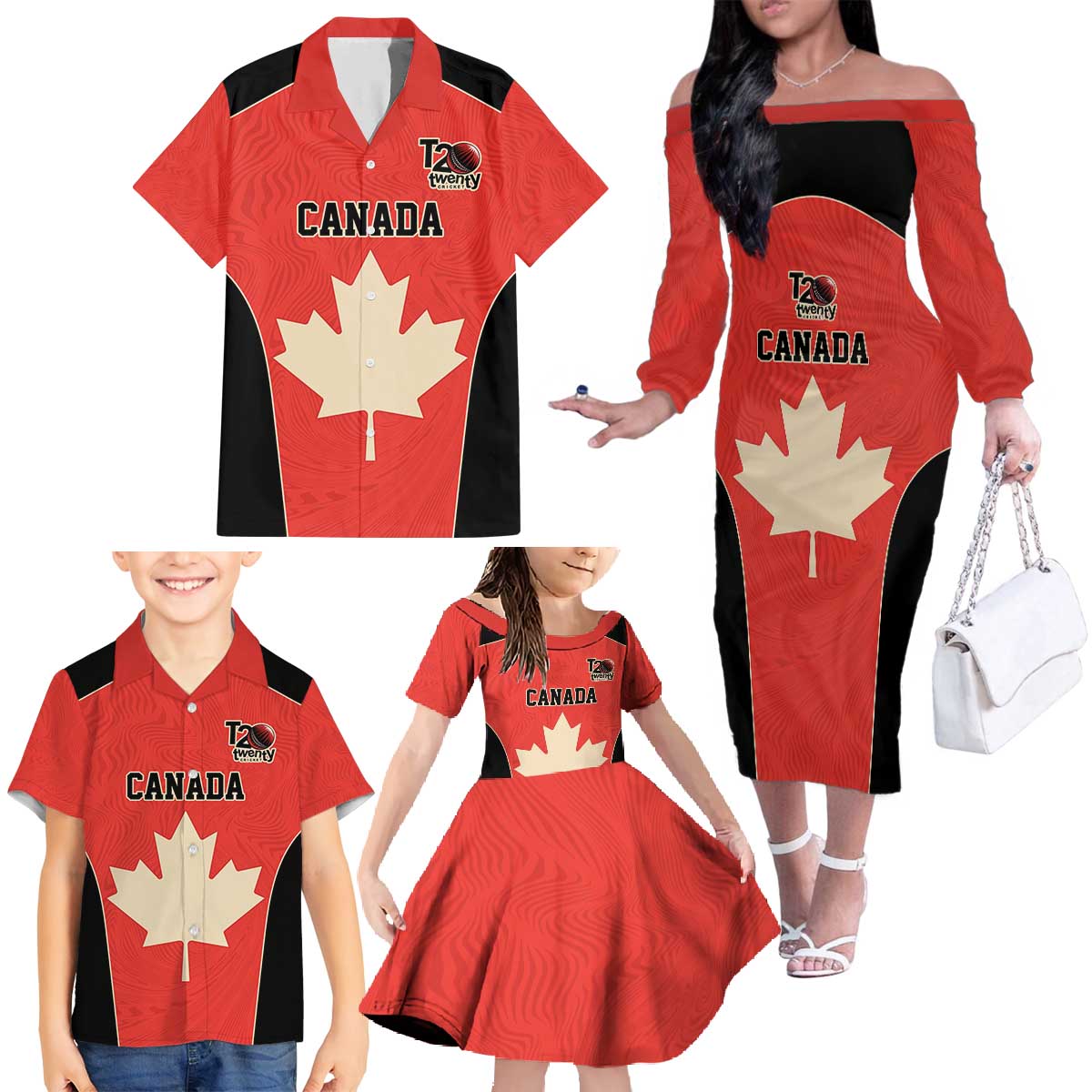 Canada Cricket Custom Family Matching Off The Shoulder Long Sleeve Dress and Hawaiian Shirt Classic Maple Leaf - Wonder Print Shop