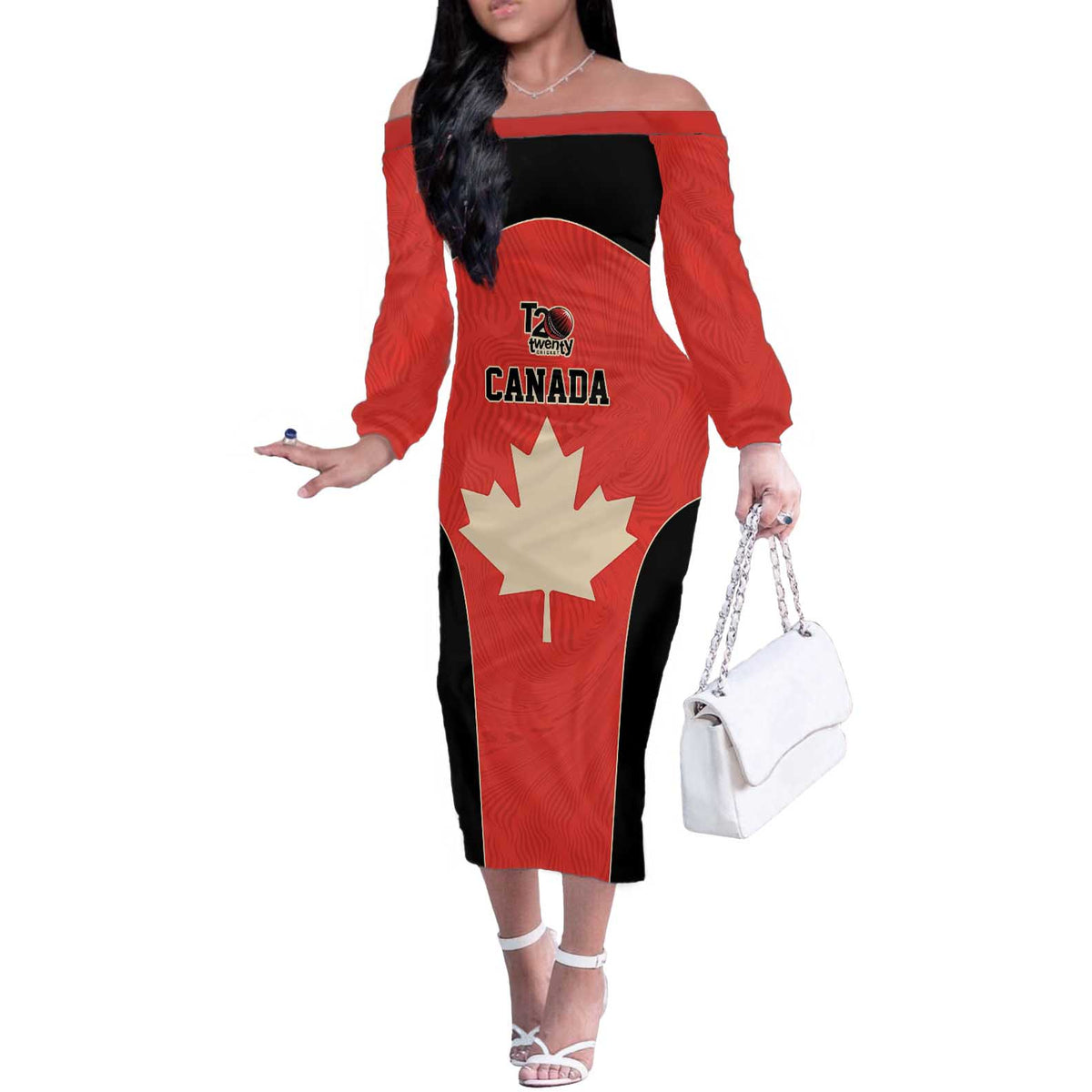Canada Cricket Custom Off The Shoulder Long Sleeve Dress Classic Maple Leaf - Wonder Print Shop