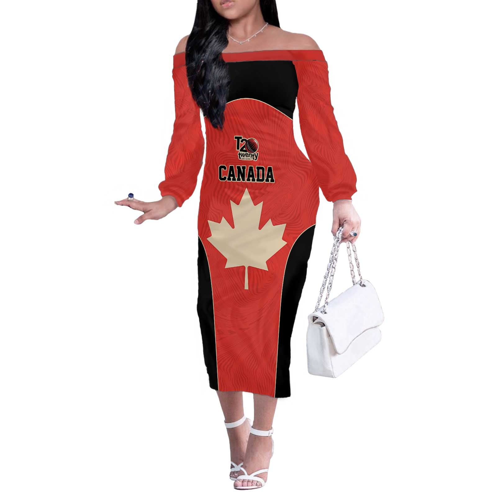 Canada Cricket Custom Off The Shoulder Long Sleeve Dress Classic Maple Leaf - Wonder Print Shop