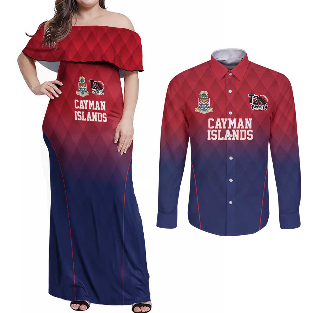 Cayman Islands Cricket Custom Couples Matching Off Shoulder Maxi Dress and Long Sleeve Button Shirt Classic Coat of Arms Sporty - Wonder Print Shop