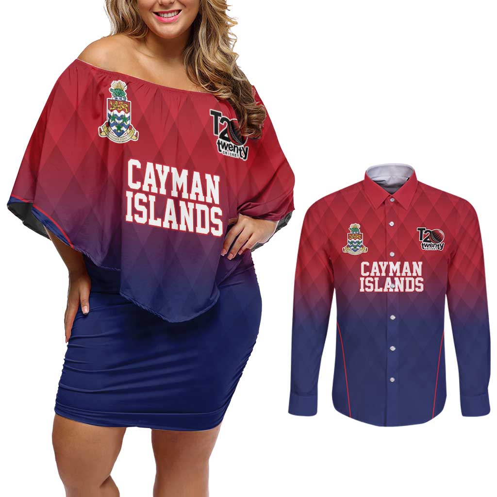 Cayman Islands Cricket Custom Couples Matching Off Shoulder Short Dress and Long Sleeve Button Shirt Classic Coat of Arms Sporty - Wonder Print Shop
