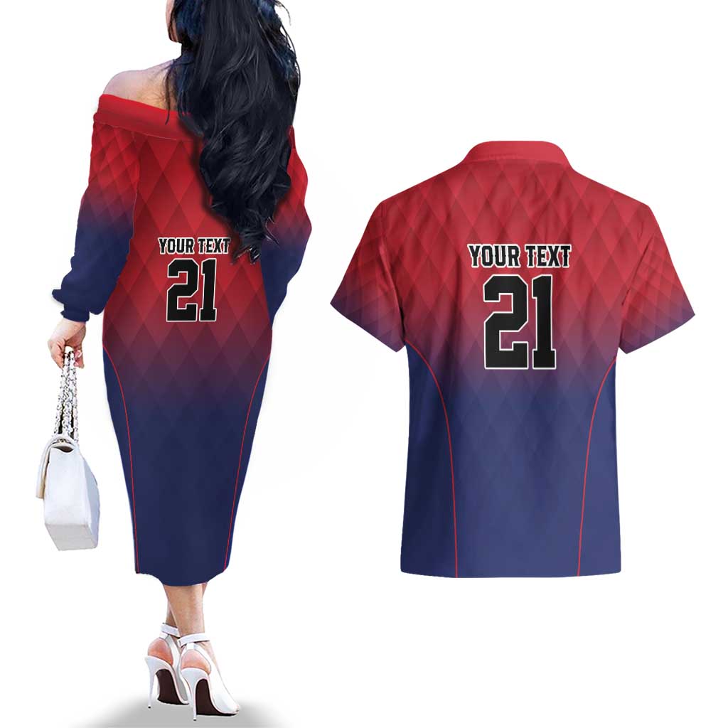 Cayman Islands Cricket Custom Couples Matching Off The Shoulder Long Sleeve Dress and Hawaiian Shirt Classic Coat of Arms Sporty - Wonder Print Shop