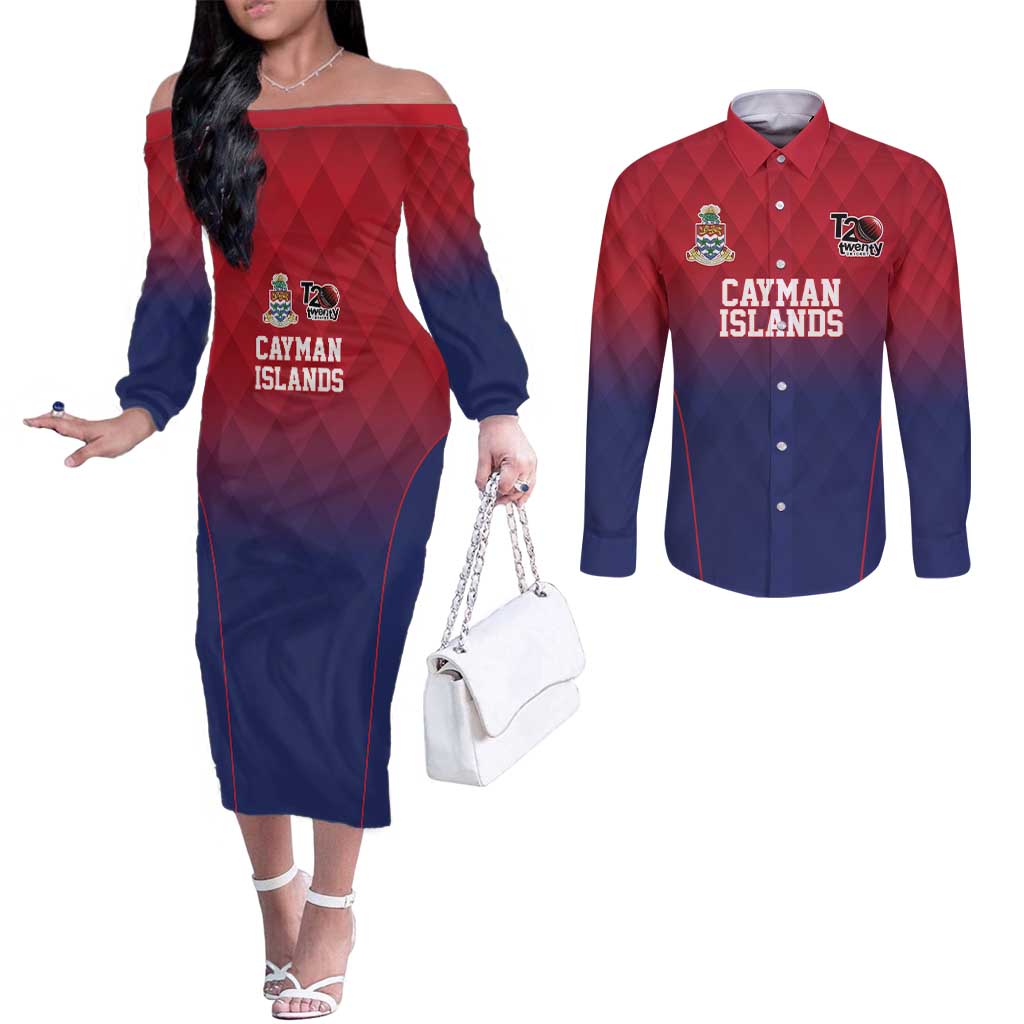 Cayman Islands Cricket Custom Couples Matching Off The Shoulder Long Sleeve Dress and Long Sleeve Button Shirt Classic Coat of Arms Sporty - Wonder Print Shop
