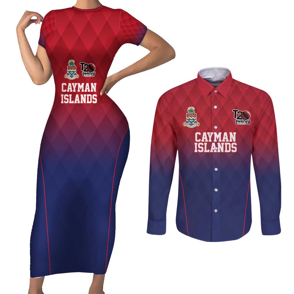Cayman Islands Cricket Custom Couples Matching Short Sleeve Bodycon Dress and Long Sleeve Button Shirt Classic Coat of Arms Sporty - Wonder Print Shop