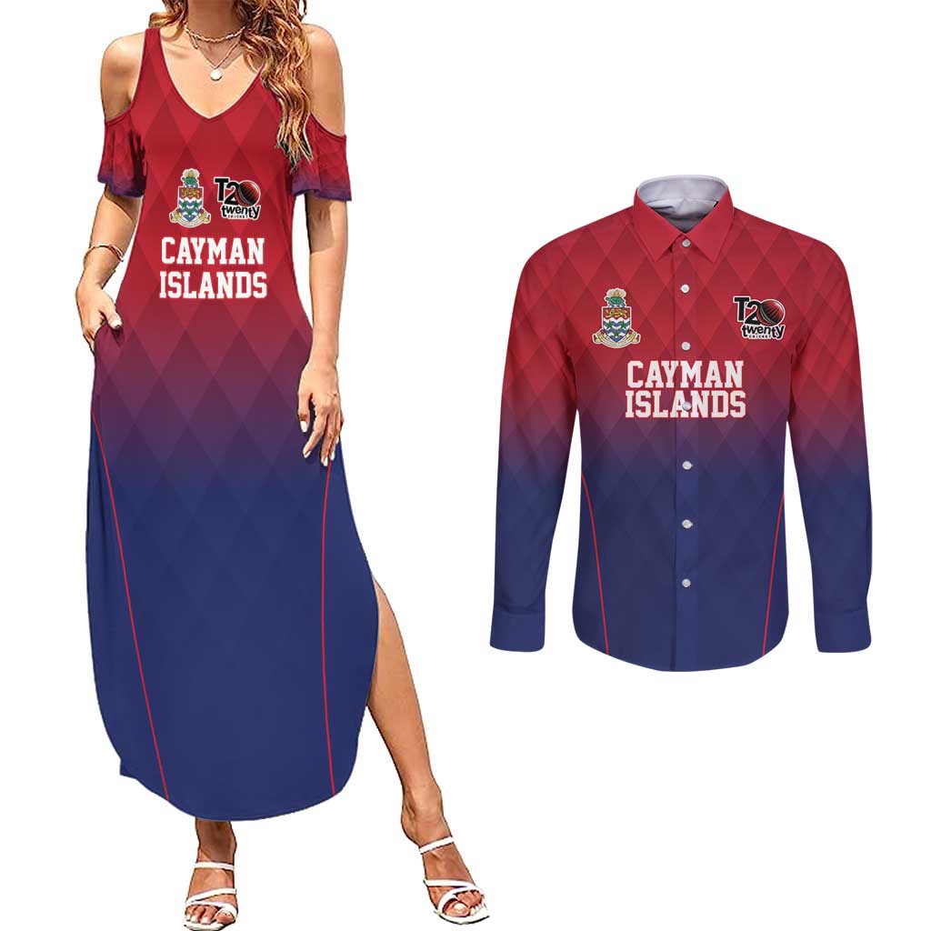 Cayman Islands Cricket Custom Couples Matching Summer Maxi Dress and Long Sleeve Button Shirt Classic Coat of Arms Sporty - Wonder Print Shop