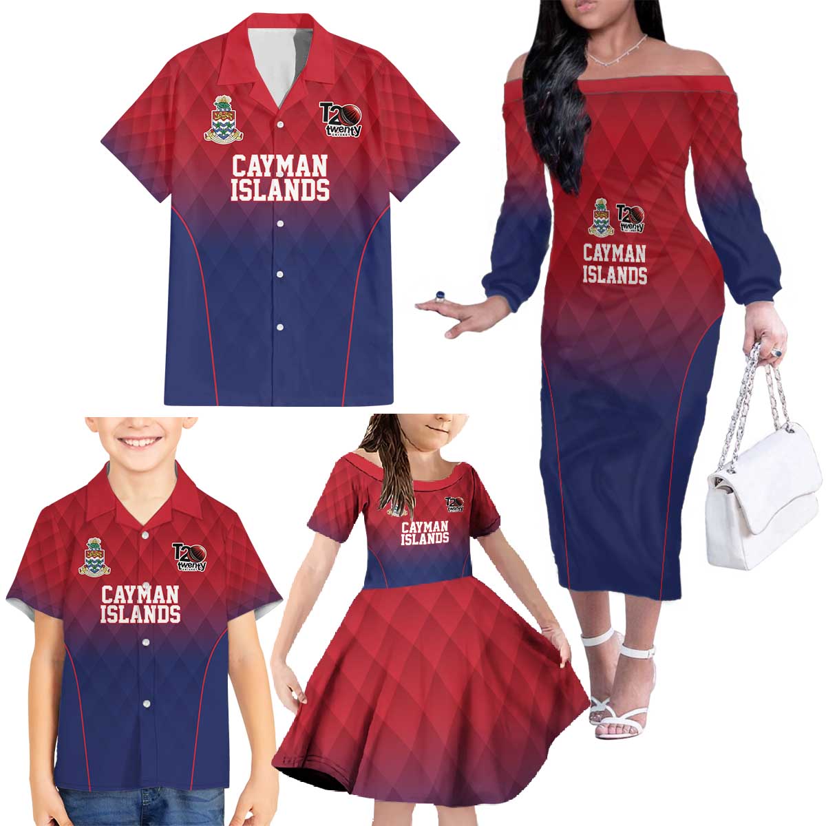 Cayman Islands Cricket Custom Family Matching Off The Shoulder Long Sleeve Dress and Hawaiian Shirt Classic Coat of Arms Sporty - Wonder Print Shop